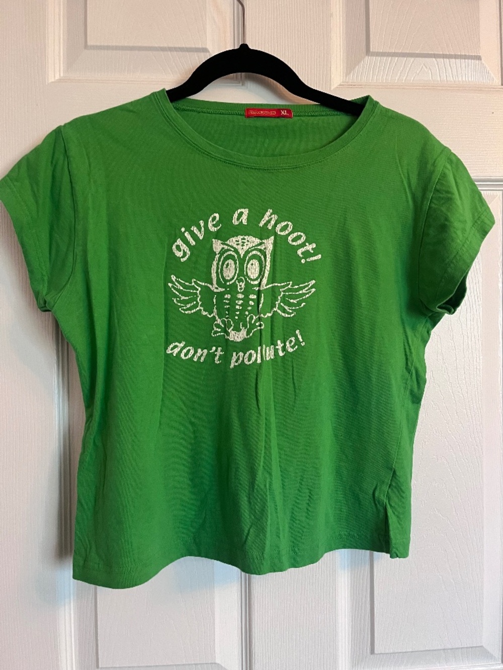 Vintage Y2K Fishbone Green Baby T Owl Glitter Print "Give a Hoot Don't Pollute"